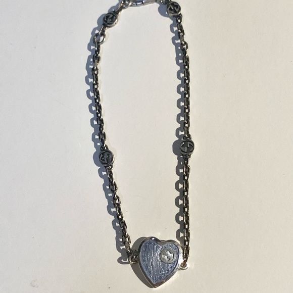 GUCCI INTERLOCKING G GG 925 SILVER HEART CHARM PENDANT ENAMEL BRACELET - Picture 3 of 6